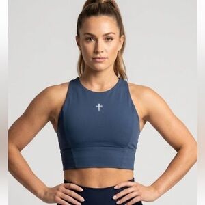 Navy High-Neck Athletic Crop Top with Center Logo